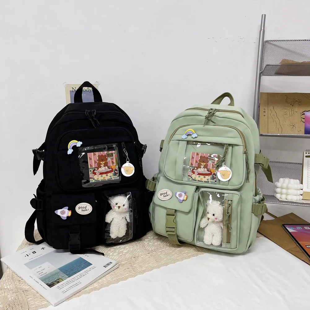 Laptop Backpack Fashion College Student Rucksack Nylon with Plush Pendant Pin Kawaii Large Capacity Japanese Style for Vacations