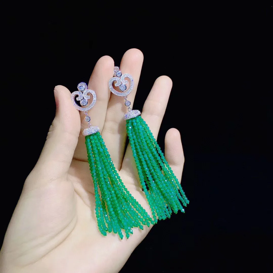 

Pirmiana 8cm Handmade S925 Silver Green Agate Nano Spinel Tassel Earrings Fashion Jewelry Women