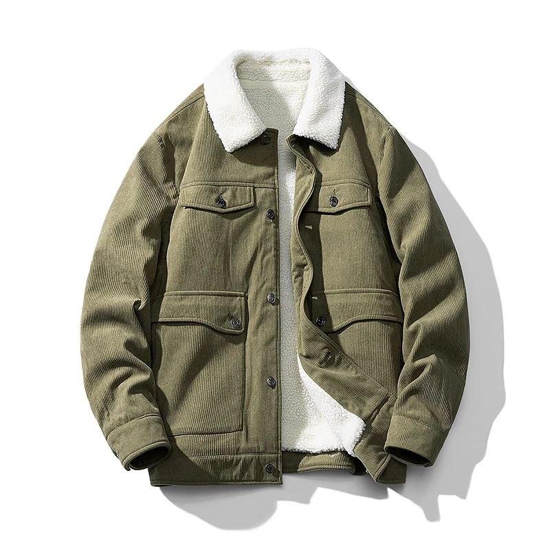 Men's Winter Padded Jacket Corduroy Lapel Fleece Coat vintage Windbreaker Loose Casual Outerwear Unisex Thick Warm Fashion Parka