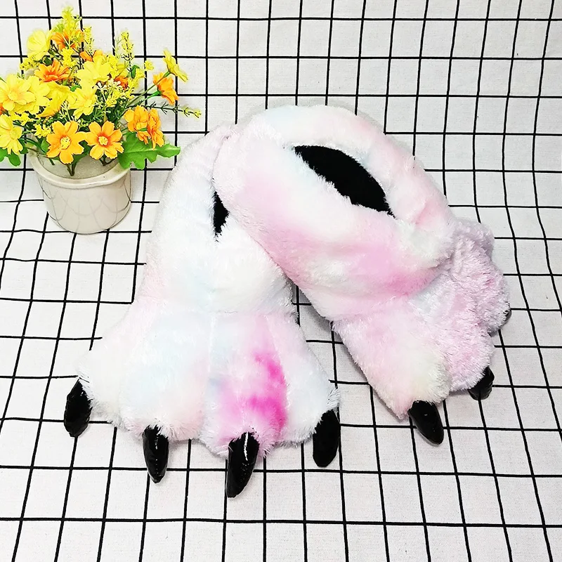 Gray Leopard Print Fur Slippers - Stylish Unisex Animal Paw Slides