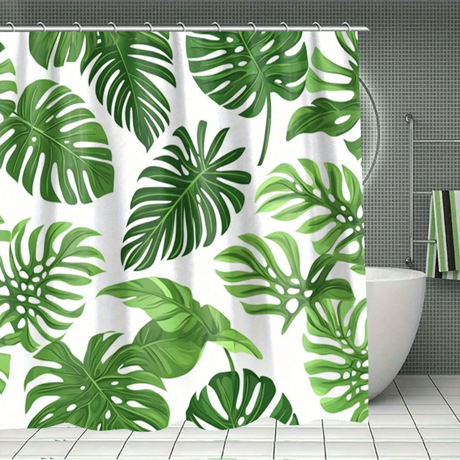 4pcs 녹색 식물, 잎, 후크가있는 열대 패턴 샤워 커튼, 욕실 분배기 커튼, 욕실 액세서리