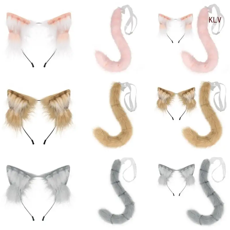 

Anime Cosplay Props Cat Ears and Tail Set Plush Furry Animal Ears Headband with Cat Tail Fancy Dress Party Costumes 6XDA