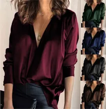 

2022 Sexy Deep V-neck Solid Color Women Shirt Fashion Temperament Commuter Blouse Office Lady Long Sleeve Green Women Tops