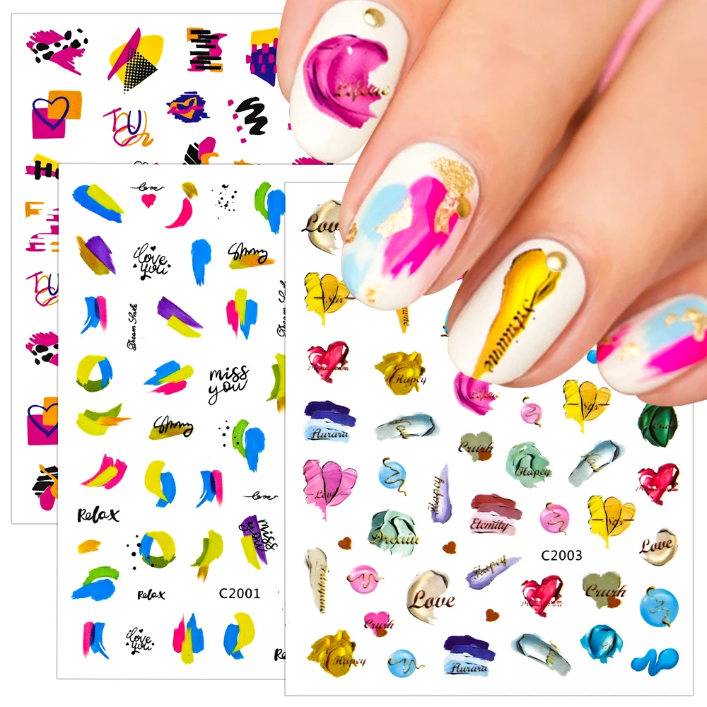 

3/4/6pcs 3D Colurful Ink Blooming Marble Nails Stickers Decals French Abstract Lines Letter Heart Slider Manicure Decoration