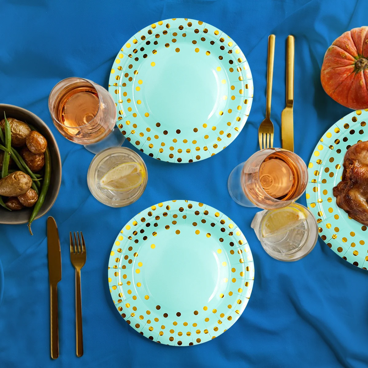 

Hot Sale Blue Gold Dot Party Supplies Disposable Dinnerware Paper Plate Tablecloth for Birthday Wedding Baby Shower Decoration