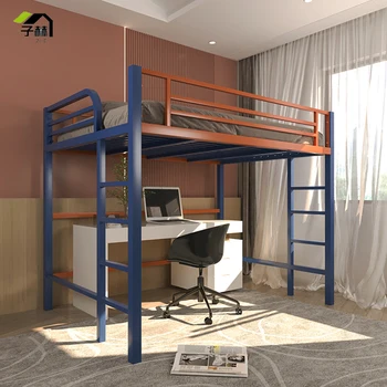 Iron frame bed duplex second floor elevated  sheet upper floor apartment upper and lower bunk loft  lower table