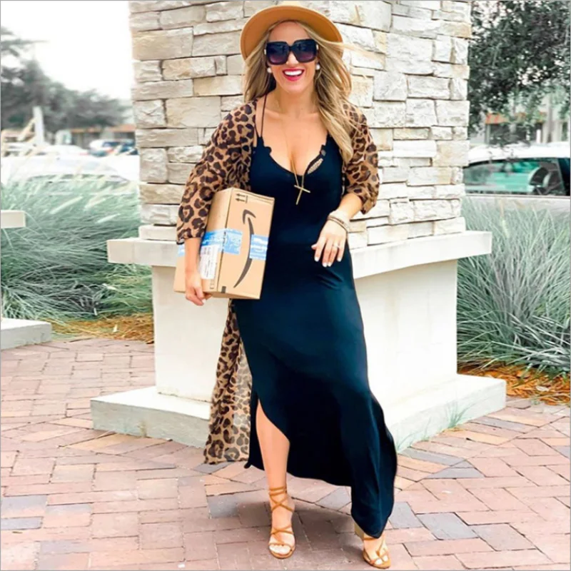 Sexy Dress Leopard Printed Tunic Beach Wear Women's Swimsuit Blouse Kimono Bikini Cover-Ups Seaside Holiday Swimwear Robe Female