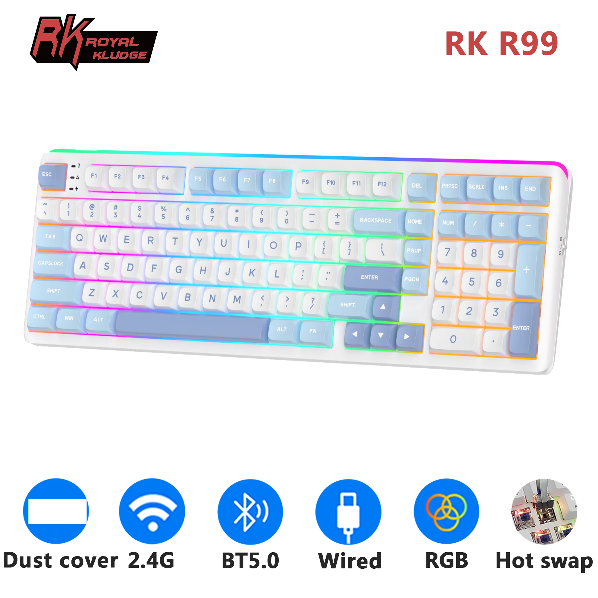 RK ROYAL KLUDGE R99 무선 기계식 키보드 100% 101키 PBT 키캡 8K 리턴 레이트 가스켓 RGB 핫스왑 가능 게이머 키보드