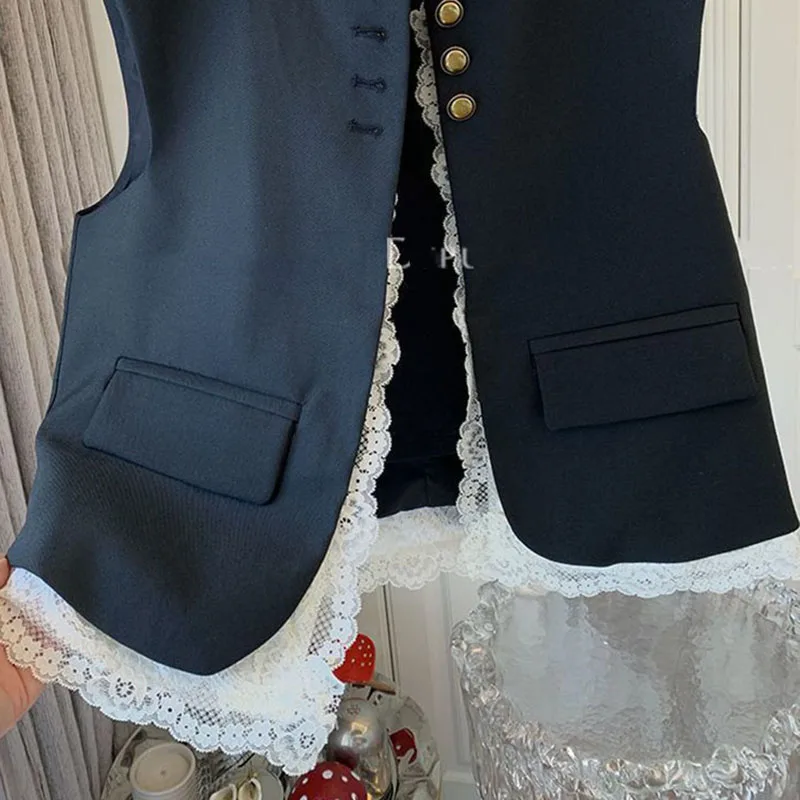 Lace Patchwork Women Vest Korean O Neck Casual Sleeveless Jackets 2024 Female Loose Waistcoat Vintage Chic Tops Women Clothing 6
