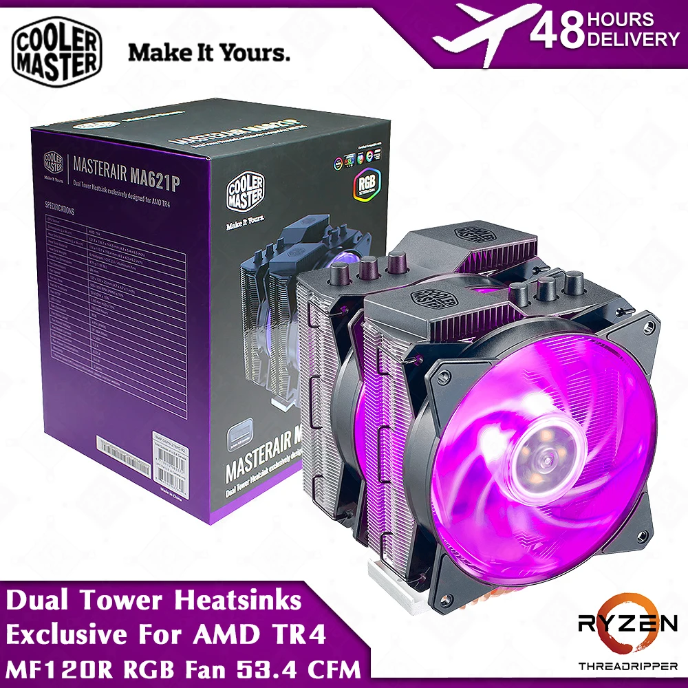 

Coolermaster Air Cooler EXCLUSIVE FOR AMD TR4 RGB DUAL TOWER HEATSINKS & FANS 53.4 CFM 6 Heatpipes MASTERAIR MA621P