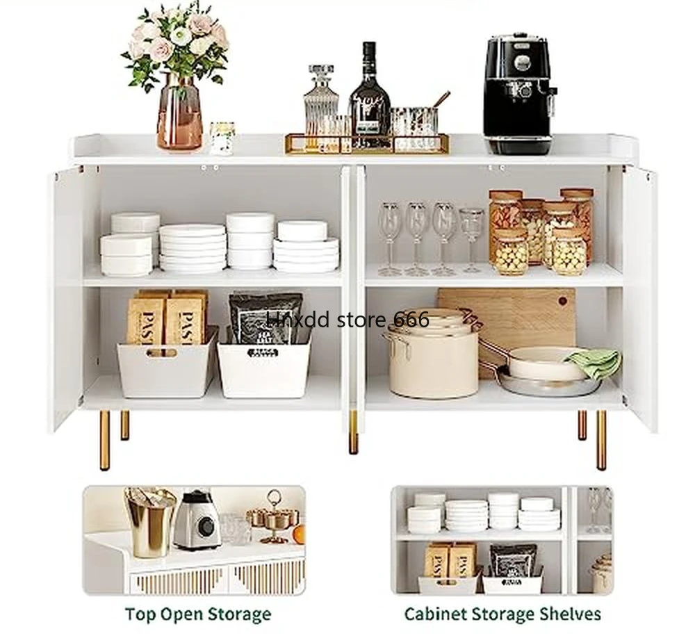 Sideboard et Cabinet Modern Design Carved Doors Storage Hallway TV Stand White 4-Door Large Shelves Accent Organizer