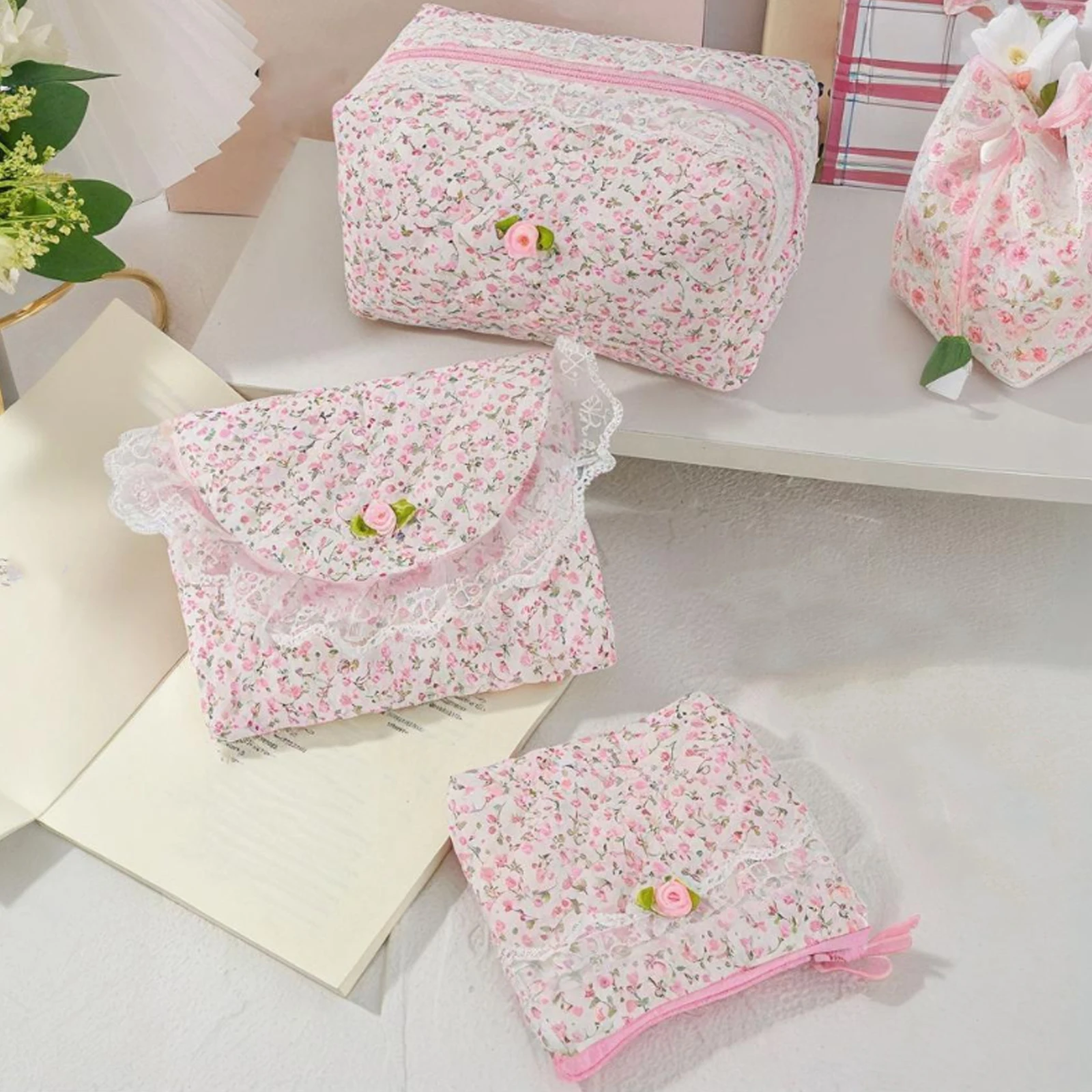 Cotton Quilted Makeup Bag Large Travel Toiletry Bag Pink Floral Toiletry Organizer for Women and Girls
