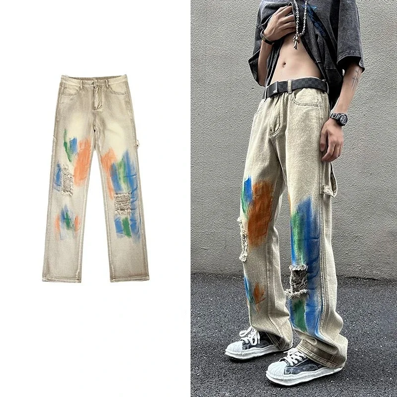 Trousers Torn beige man cowboy pants straight men's jeans broken tie dye vintage with holes ripped punk spring autumn Xs retro,men jeans,ripped jeans,ripped patchwork jeans
