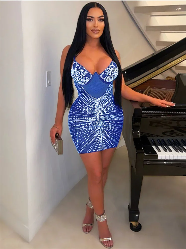 Wmstar Women Diamonds Hot Drill Sleeveless V-Neck Dress Fashion Bodycon Mini Evening Sexy Clubwear Party Vestidos Pencil Dresses