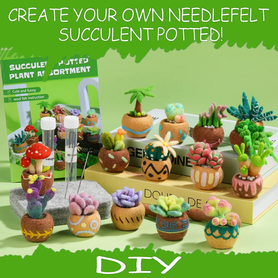 BUDDUR Succulent Potted Plant Wool Felting Kit With Instruction and Felting Needles Beginners DIY Handmade Craft Accessories