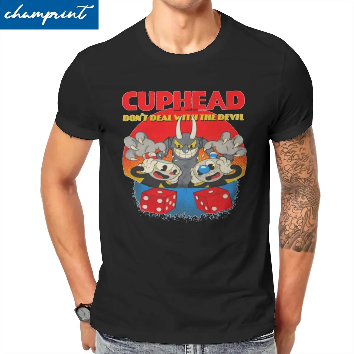 

Men's Cuphead Mugman Don't Deal With The Devil T Shirts 100% Cotton Tops Novelty Short Sleeve Crewneck Tees Party T-Shirt