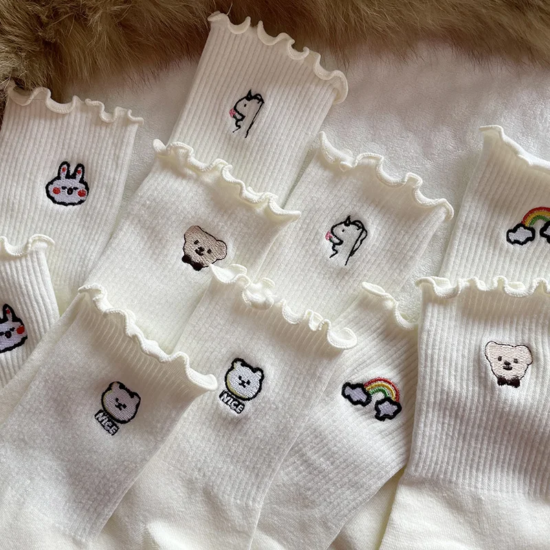 

2pair /Lot Socks for Women Ruffle Cotton Cute Bear Rainbow Embroidery Middle Tube Short Breathable White Socks set Kawaii Print