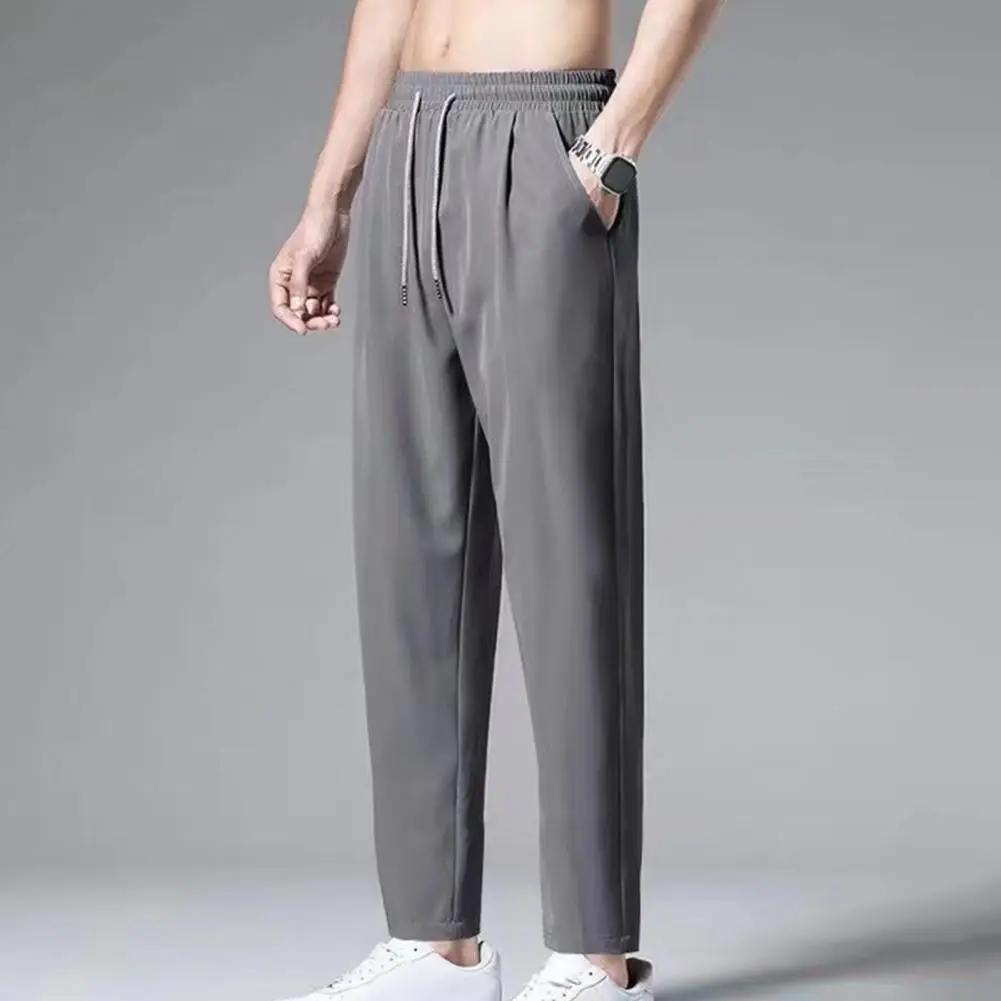 Men's Casual Ankle-Length Pants Solid Color Straight Wide-Leg Trousers Elastic Waist Ice Silk Breathable Quick-Dry Baggy Cargo S
