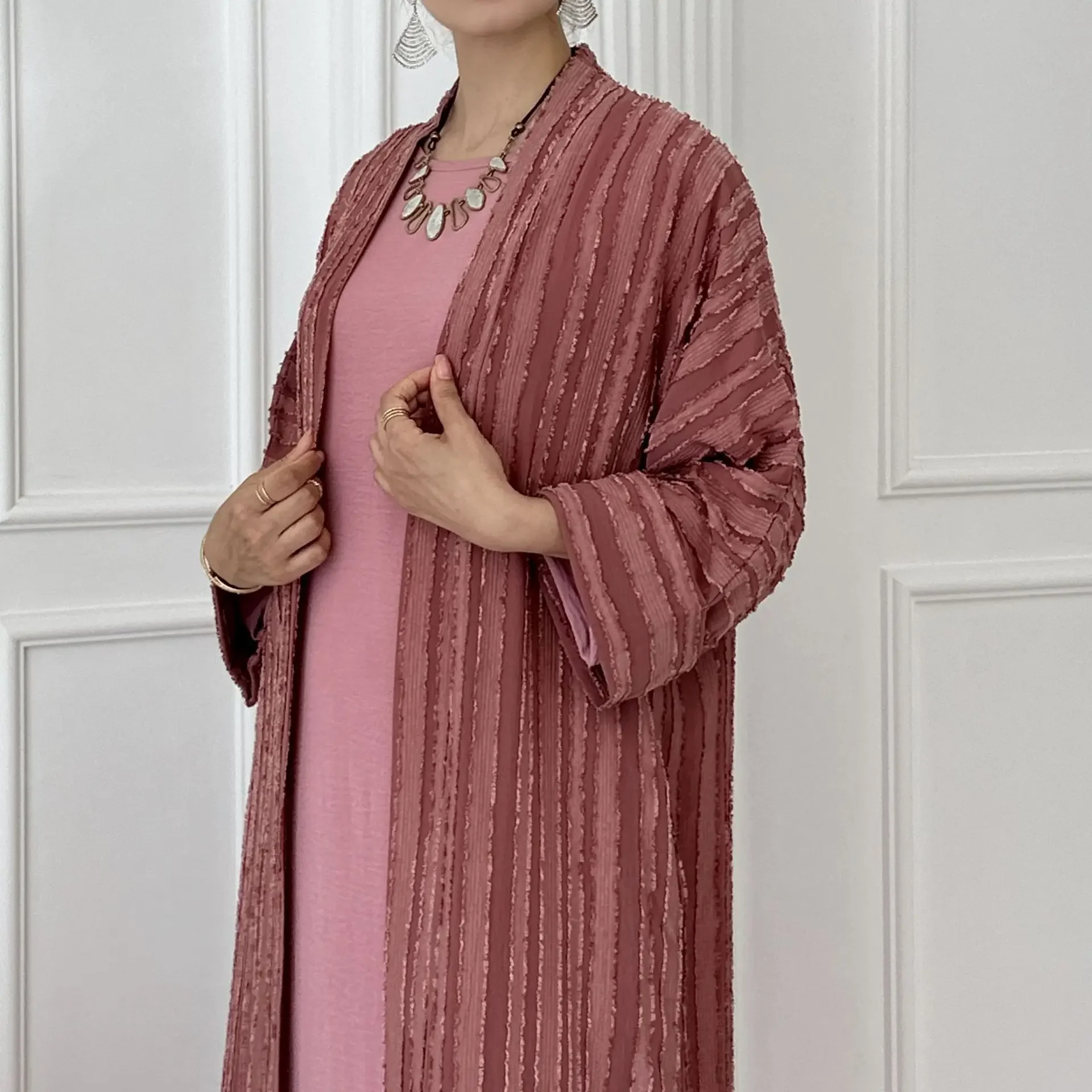 Eid Plain Kimono Abaya with Inner Dress 2 Piece Set Striped Open Abayas for Women Dubai Turkey Arabic Muslim Islam Outfit Kaftan