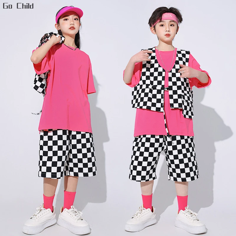 힙합 소년 솔리드 티셔츠 격자 무늬 조끼, 스트리트 댄스 반바지, 여아 여름 학교 의류 세트, 어린이 스트리트웨어, 유치원 의상