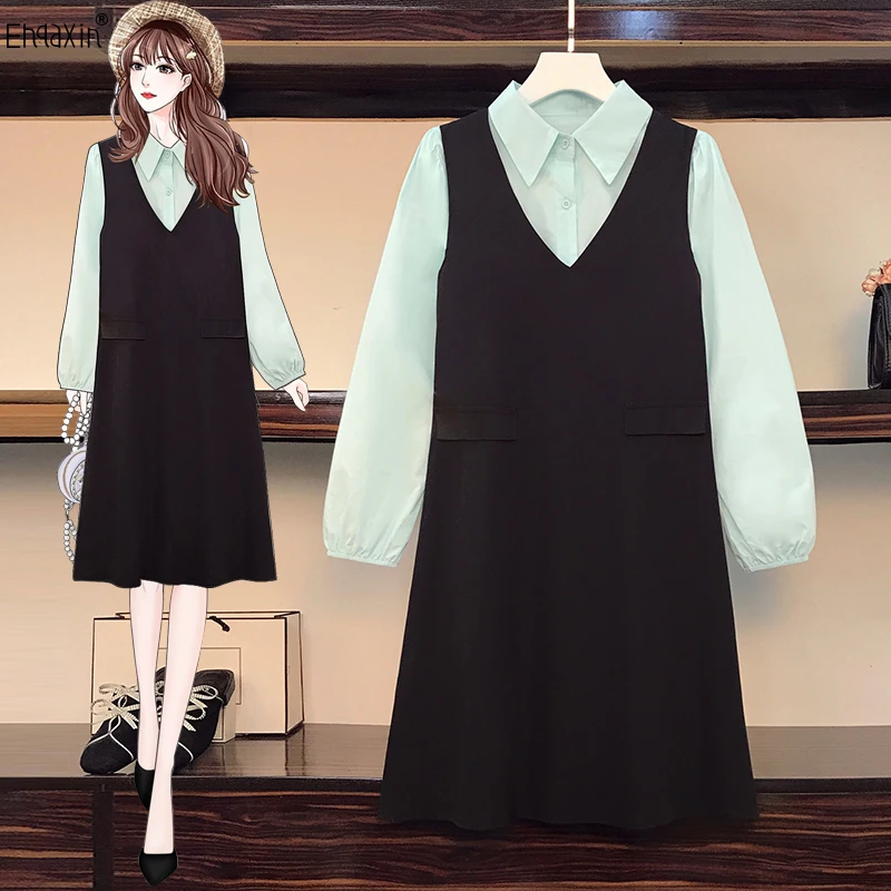 

EHQAXIN 2022 Fall Womens Dresses Suit Fashion New Button-Up Shirt + Loose V-Neck Strap Dress Two-Piece Sets For Ladies L-5XL