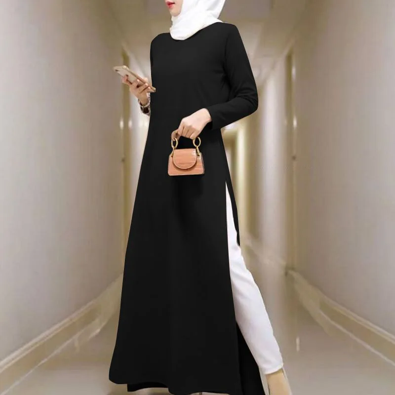 Eid Ramadan Mubarak Slim Dress for Women Dubai Arab Kaftan Abaya Turkey Muslim Round Collar Dress Longue Islam Femme Vestidos