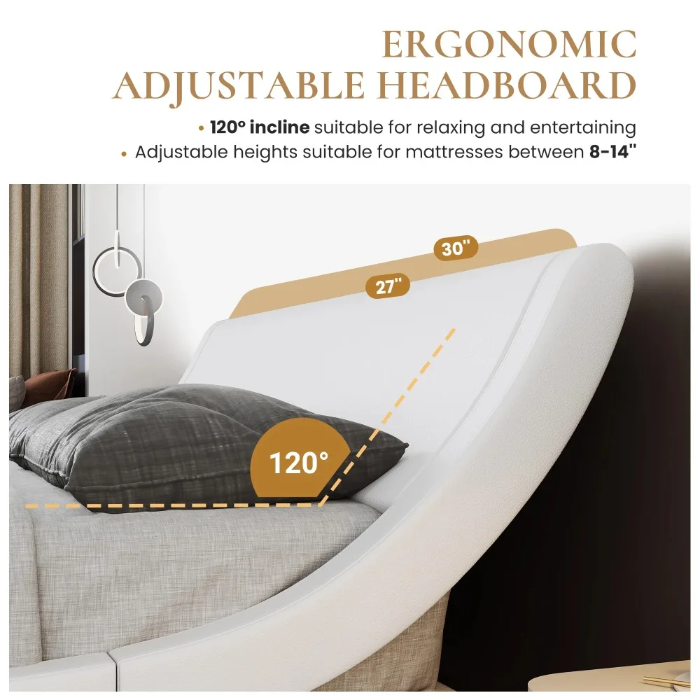 King Size Upholstered Bed Frame,Deluxe Low Profile Sleigh Bed with Faux Leather Ergonomics Headboard,White  No Box Spring Needed 3