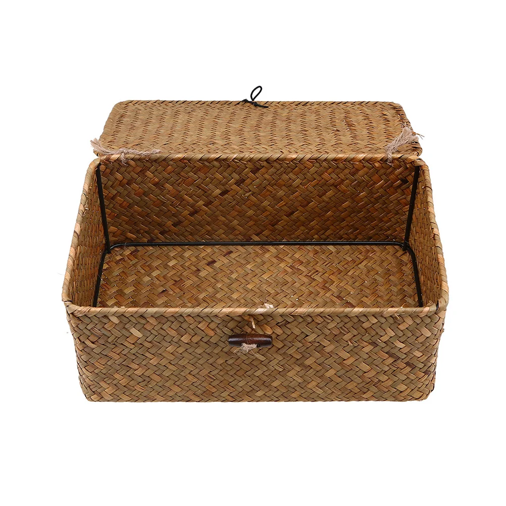 

Seaweed Woven Basket Lids Seagrass Storage Bin Rectangular Organizer Basket Multi-Purpose Storage Container Holder Desktop