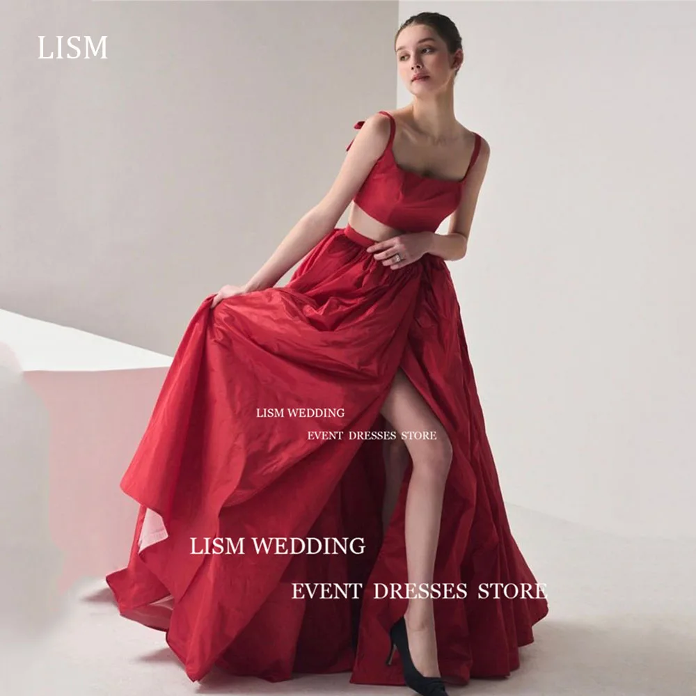 LISM 2 Pcs Red A Line Evening Dresses Photo Shoot Square Neck Short Top Prom Formal Occasion Gown High Side Split Party Dress