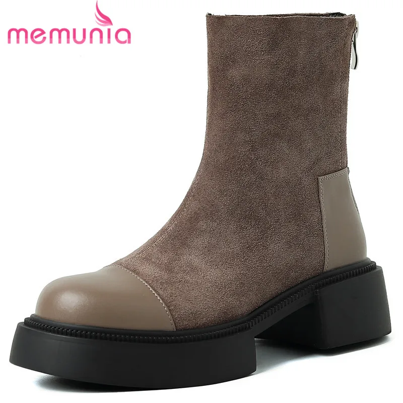 

MEMUNIA 2023 New Cow Suede Leather Zipper Platform Boots Square Med Heels Ankle Boots Neutral Ladies Round Toe Winter Boots