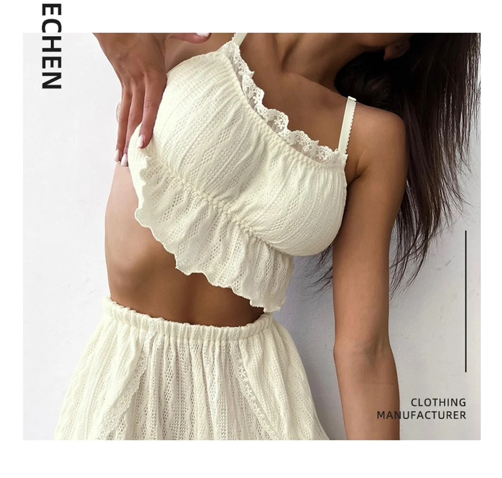 Lace cami pajama with sleeveless top, matching shorts, and soft hollow fabric detail