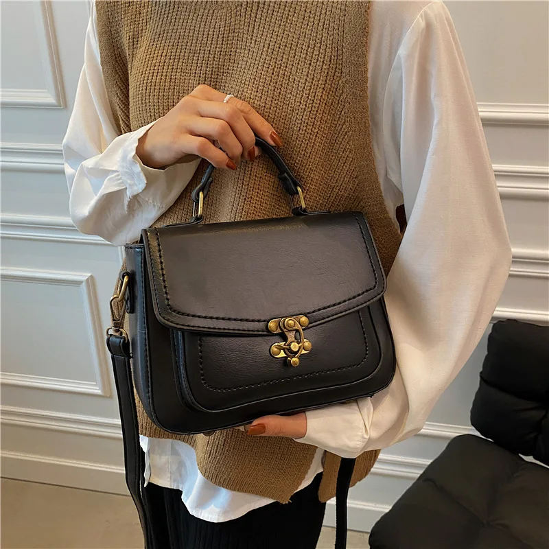 2025 New Retro-Style PU Leather Small Square Handbag With Lock Closure - Trendy Women'S Simple Mini Bag