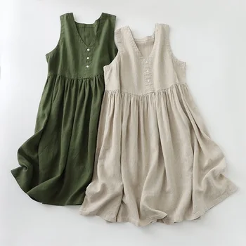 2026 New Women's Cotton Linen Sleeveless Dress Casual V Neck Button Down Loose Midi Dresses for Summer Women's Casual Dresses 1