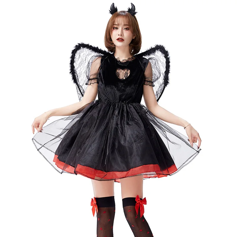 

Halloween Evil Devil Cosplay Costume Mesh Hollow-out Dress Sexy Princess White Skirt Angel Role Play Uniform Clubwear Party