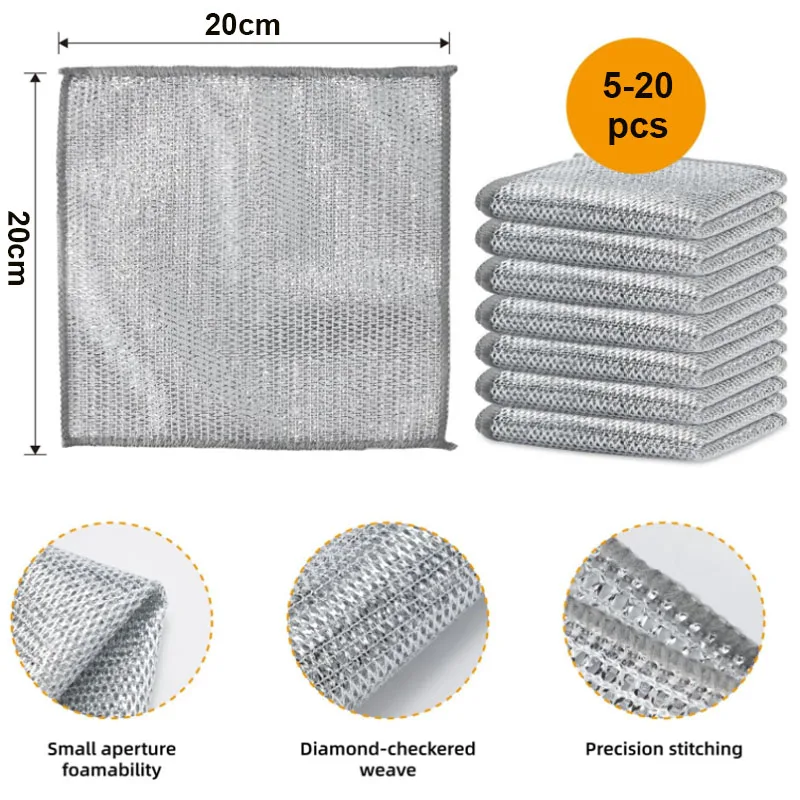 5/10/20pcs metal steel wire rags silver wire cleaning kitchen cloths thickened double-sided metal sponge steel wool ball rags metal cleaning cloth