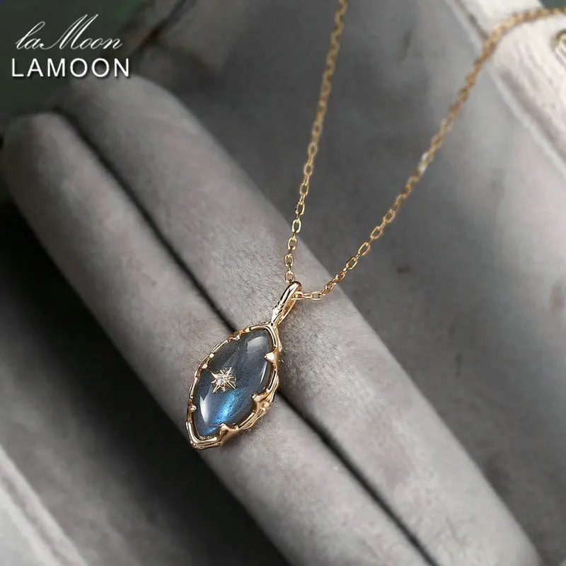 

LAMOON Vintage Bijou Gemstone Pendant Necklace For Women Natural Dark Grey Labradorite 925 Sterling Silver Gold Vermeil Jewelry