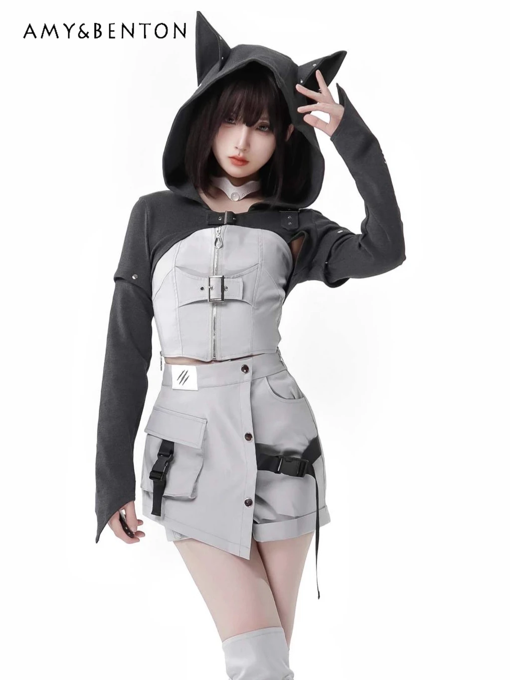 Original Street Hot Girl Sweet Removable Sleeve Hooded Jacket Sleeveless A-line Dress Subculture Two-Piece Sets Womens Outfits 5