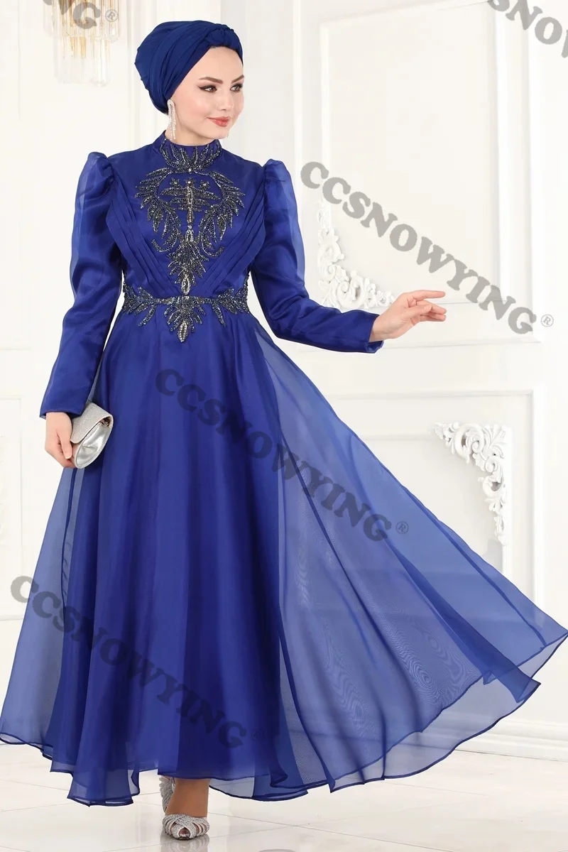 

Organza Appliques Beaded Muslim Evening Dresses Islamic Long Sleeve Hijab Women Formal Party Gown Arabic Dubai Robes De Soirée