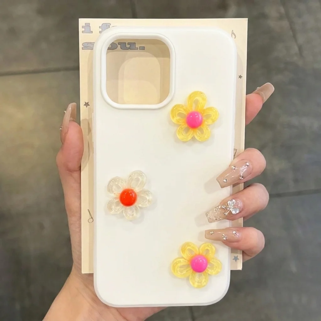 White 3D DIY Colorful Flower Lanyard Phone Case - Shockproof Soft Cover