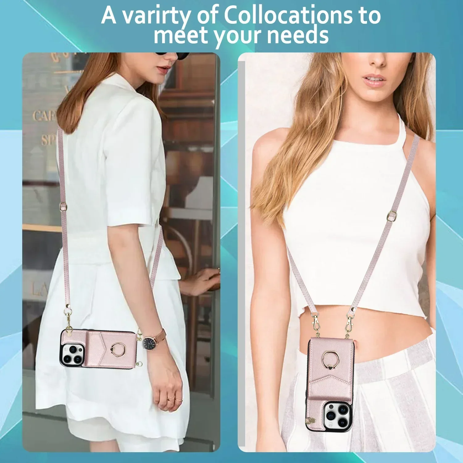 Crossbody Lanyard RFID Blocking Leather Card Holder with Ring Attachment