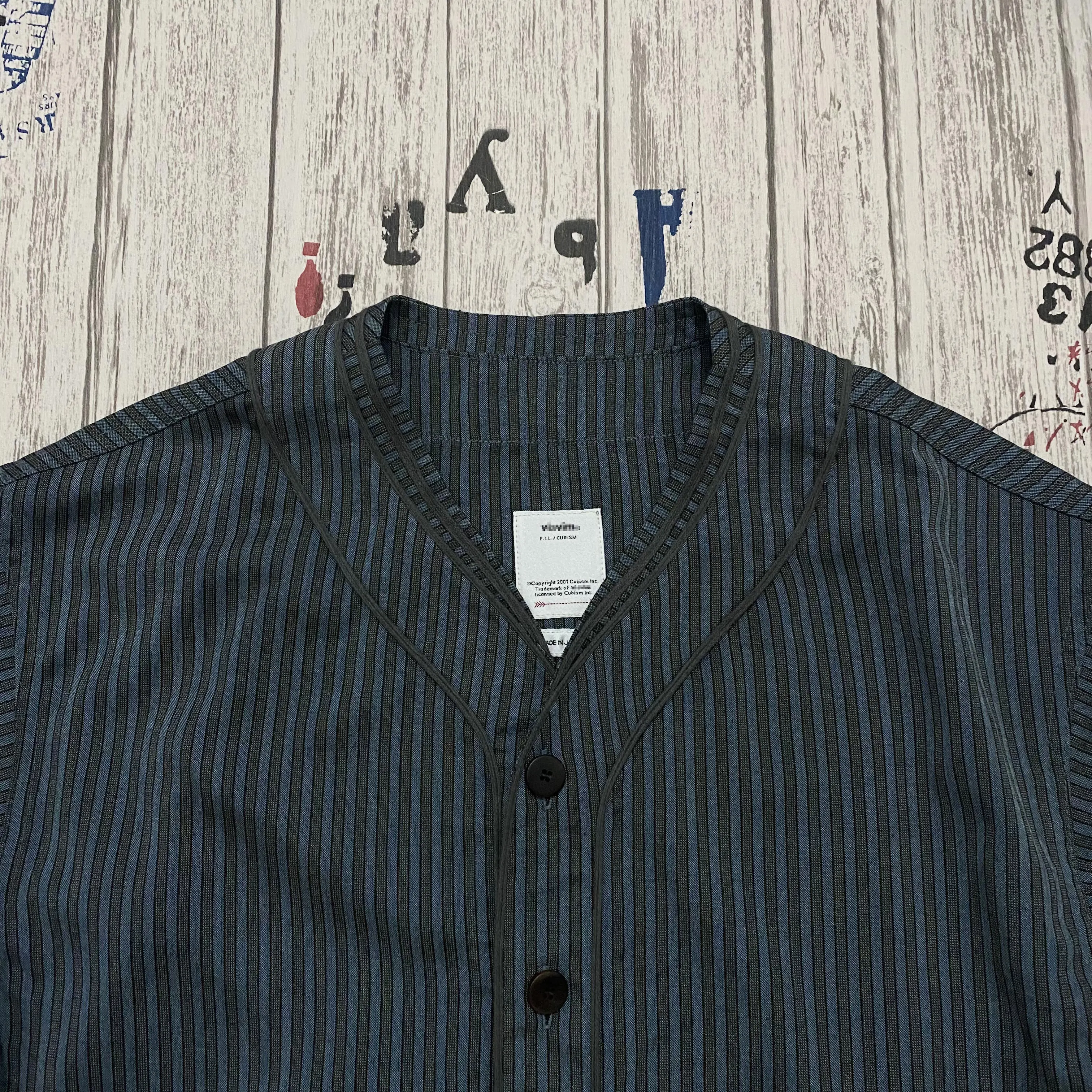 VISVIM DUGOUT SHIRT S/S SANTOME wool-blend striped baseball inner
