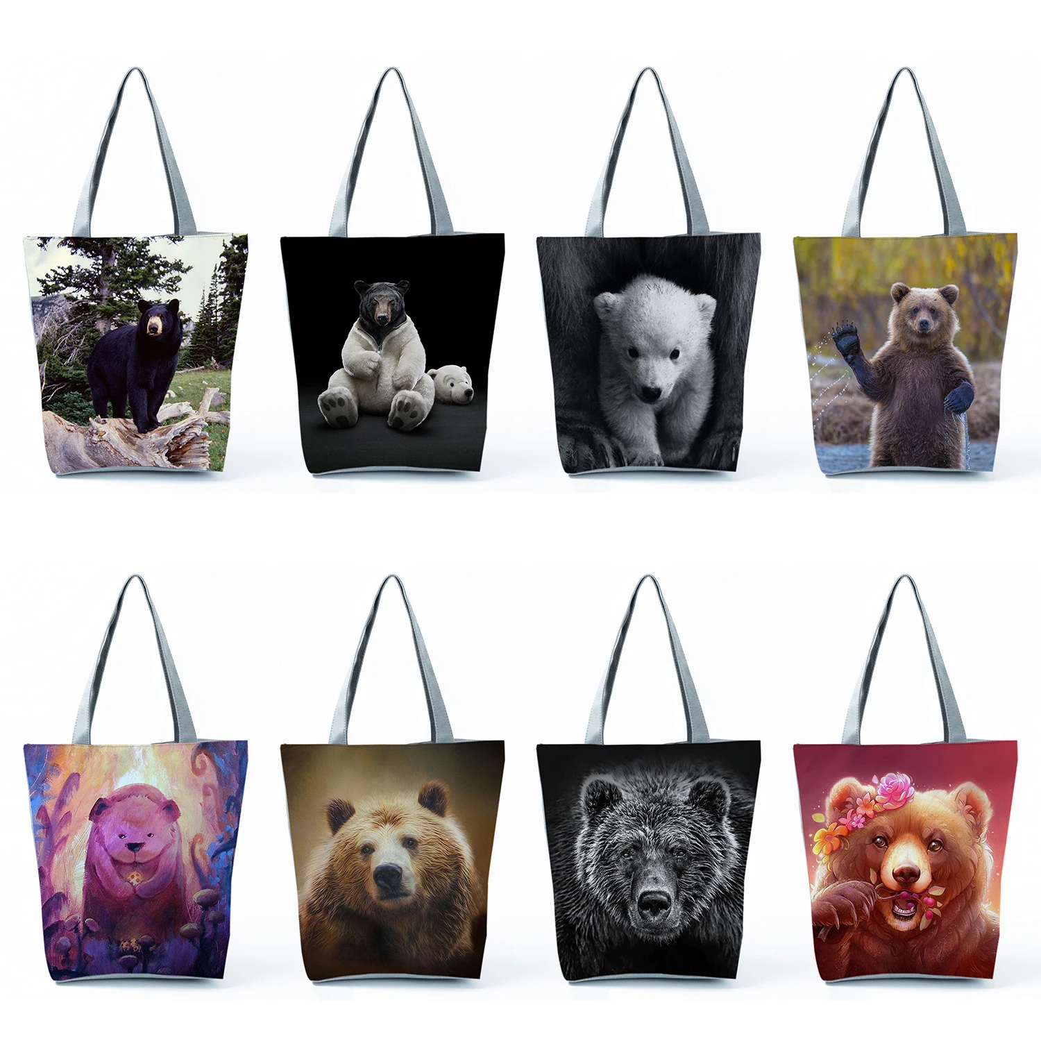 

Shopping Bags Eco Reusable Custom Animal Printed Totes Cartoon Black Bear Pattern Handbags For Women High Capacity Shoulder Bag