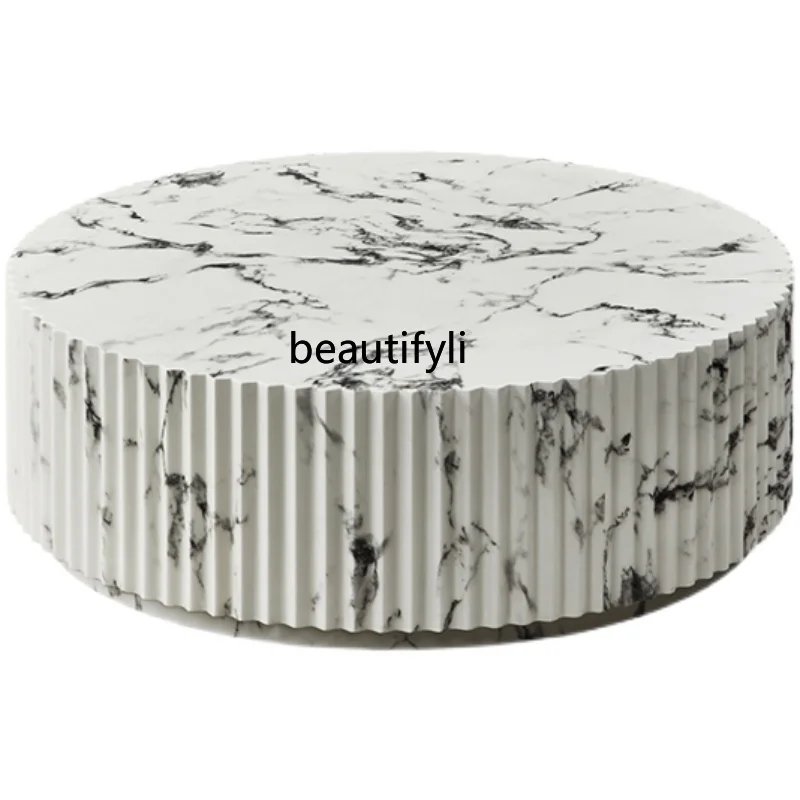 

Modern Simple and Light Luxury round Tea Table Living Room Home Complete Marble Texture Tea Table Bench Italian Style