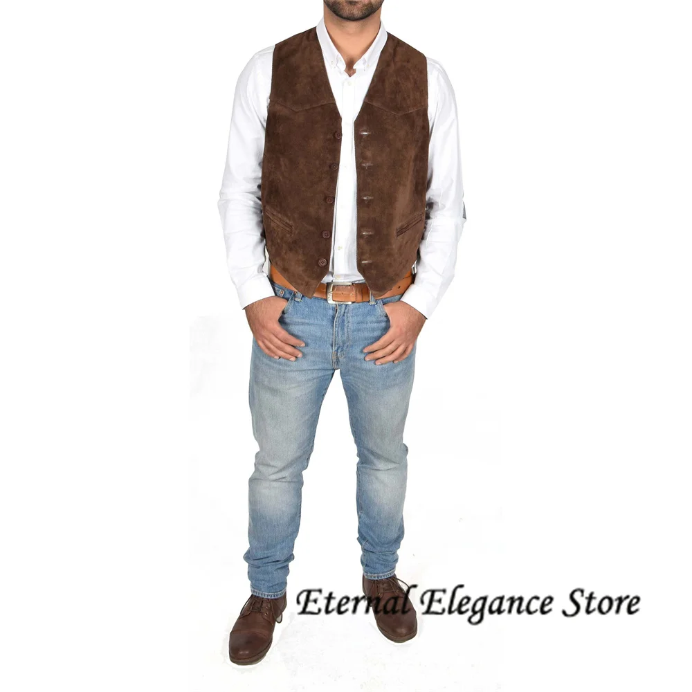 

New Western Cowboy Men's Vest V Neck Single Breasted Vest Classic Style Suit Chaleco Suede Steampunk жилетка мужская классика