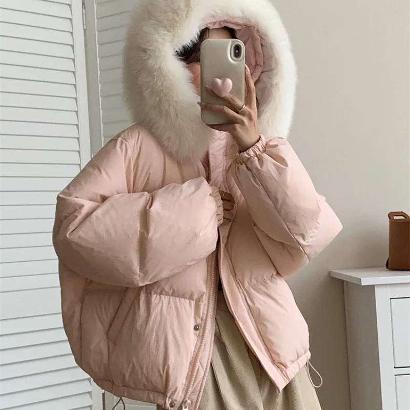 2023 New Women White Duck Down Jacket Winter Coat Female Short Parkas Fox Fur Collar Hooded Outwear Fashion Warm Thick Overcoat