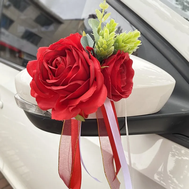 6 Fiori Decorativi Per Auto Da Matrimonio – Bianchi, Artificiali, Con Fiocchi, Per Maniglie E Specchietti