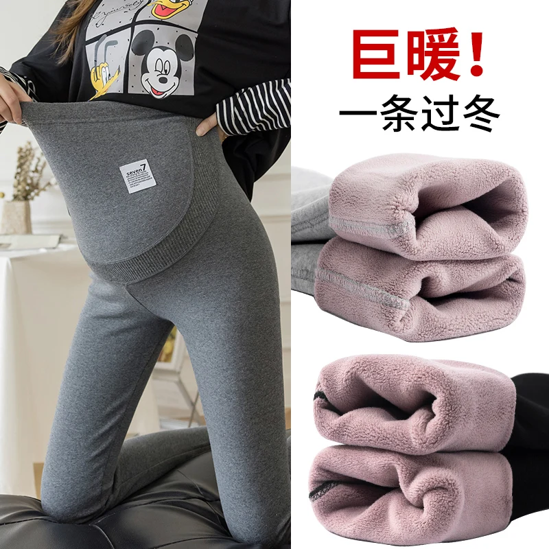 Autumn Winter Thick Plus Velvet Fleece Cotton Legging Maternity High Waist Support Pencil Pants for Pregnant Women Y2K Pregnancy