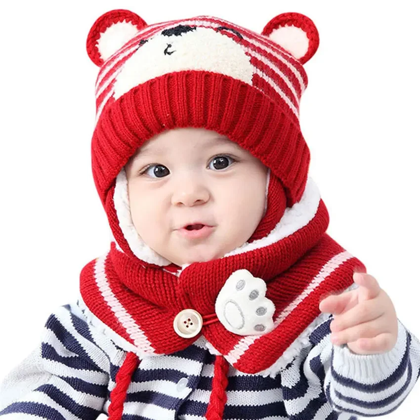 Unisex Kids Cartoon Bear Stripe Hats And Scarf Baby Cap Set Girl Boy Cap Scarf Set Child Winter Earmuffs Hat Warm Suit