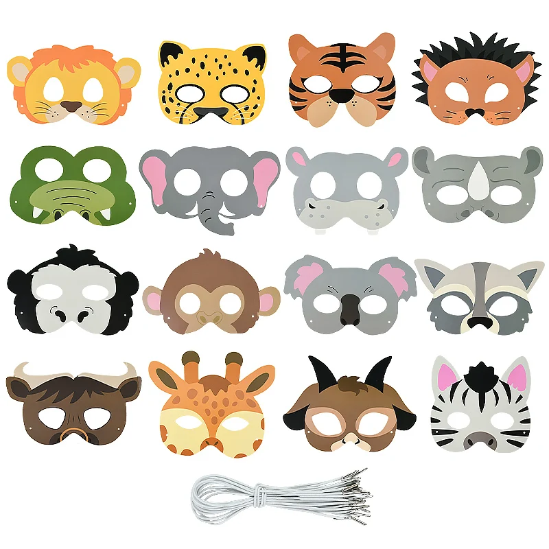 16pcs Jungle Animal Mask Birthday Party Decoration Kids Funny Paper Masks Photo Props Safari Theme Party Supplies Baby Shower