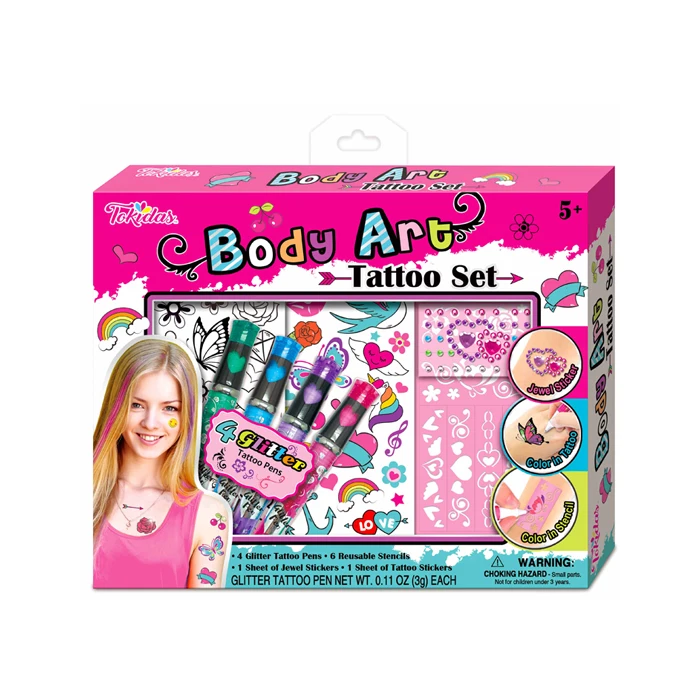 2024 Kids Makeup Set Body Art Tattoo Set Tattoo Pen Tattoo Stencil Gem Stickers Set  Kids Toys 4
